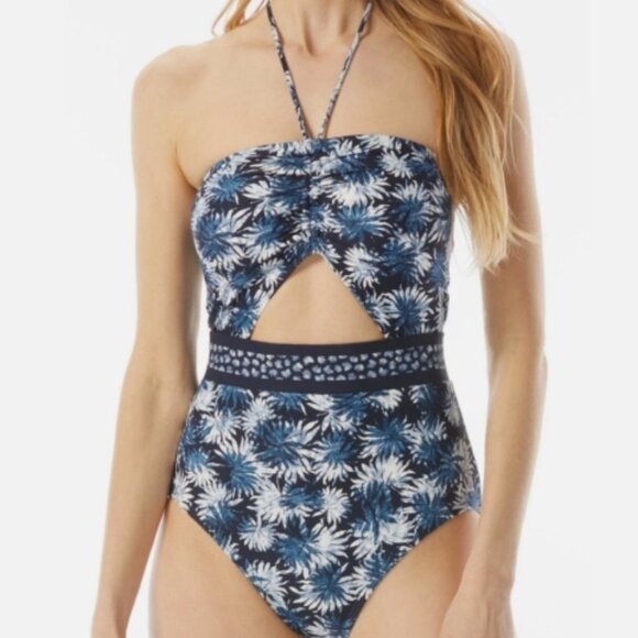 NWT! Michael Kors Navy Palm Cutout Bandeau One Piece Swimsuit NEW! - Picture 1 of 4